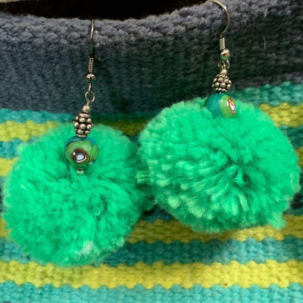 Handcrafted Green Pom Pom Earring Show Team's Irish Celtic Pride One of a Kind - Picture 1 of 2